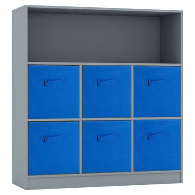 Urbn-Living Urbnliving 94Cm Height Grey Wooden Wide 7 Cubed Cupboard Bookcase Storage Units Shelves With 6 Dark Blue Drawers - image 1