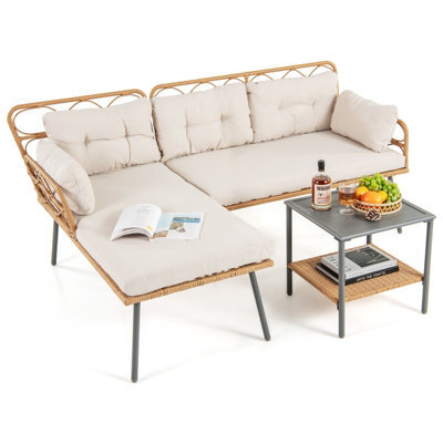 Costway 3 Pcs Corner Patio Furniture Pe Rattan L-Shaped Cushioned Sofa Set-Beige - image 1
