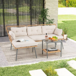 Costway 3 Pcs Corner Patio Furniture Pe Rattan L-Shaped Cushioned Sofa Set-Beige - thumbnail 9