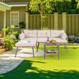 Costway 3 Pcs Corner Patio Furniture Pe Rattan L-Shaped Cushioned Sofa Set-Beige - thumbnail 8