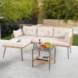Costway 3 Pcs Corner Patio Furniture Pe Rattan L-Shaped Cushioned Sofa Set-Beige - thumbnail 7