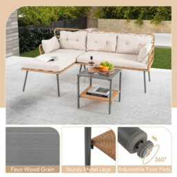 Costway 3 Pcs Corner Patio Furniture Pe Rattan L-Shaped Cushioned Sofa Set-Beige - thumbnail 3