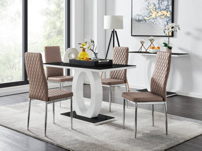 Furniturebox Giovani Rectangular 4 Seat White High Gloss Unique Halo Dining Table Black Glass Top 4 Beige Faux Leather Silver Leg Milan Chairs - image 1