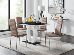 Furniturebox Giovani Rectangular 4 Seat White High Gloss Unique Halo Dining Table Black Glass Top 4 Beige Faux Leather Silver Leg Milan Chairs