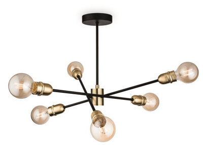 Luminosa Lighting Luminosa Trident 6 Light Multi Arm Semi Flush Light Black With Brushed Brass, E27