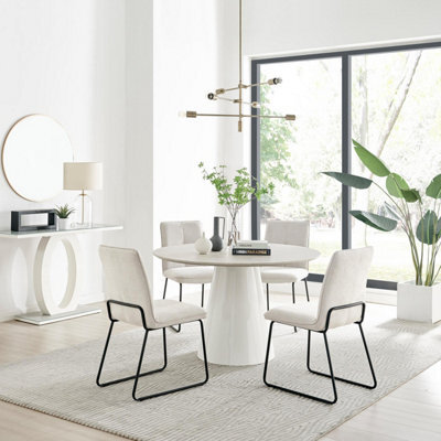 Furniturebox Uk Palma Beige Stone Effect Round Dining Table & 4 Cream Halle Chairs - image 1