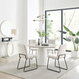 Furniturebox Uk Palma Beige Stone Effect Round Dining Table & 4 Cream Halle Chairs - thumbnail 1