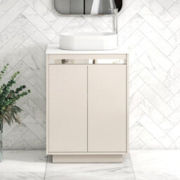 Royal Bathrooms Orion 600mm Warm Taupe Floor Standing Plain White Countertop Vanity Unit 2 Door With Lyon Basin & Chrome Accent Trim - thumbnail 2