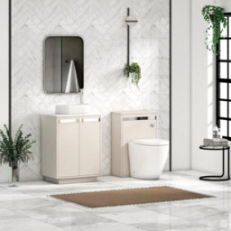 Royal Bathrooms Orion 600mm Warm Taupe Floor Standing Plain White Countertop Vanity Unit 2 Door With Lyon Basin & Chrome Accent Trim - thumbnail 3