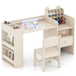 Costway Kids Art Table & Chair Set Toddler Painting Study Desk With Removable Paper Roll Holder-Natural - thumbnail 1