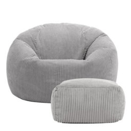icon Kingston Cord Adults Bean Bag Chair And Pouffe, Ready Filled Beanbag And Footstool Grey - thumbnail 4