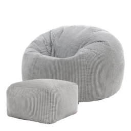 icon Kingston Cord Adults Bean Bag Chair And Pouffe, Ready Filled Beanbag And Footstool Grey