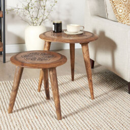 Wyld And Coco Dark Mango Wood Side Tables Set Of 2 With Oriental Design For Small Living Rooms - thumbnail 2