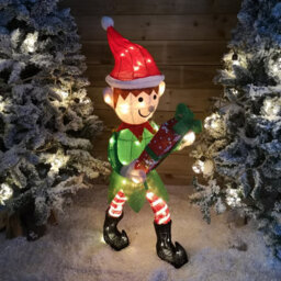 Samuel Alexander 107Cm Warm White Led Lit Elf Character With Present Christmas Decoration In Green And Red