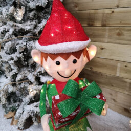 Samuel Alexander 107Cm Warm White Led Lit Elf Character With Present Christmas Decoration In Green And Red - thumbnail 5