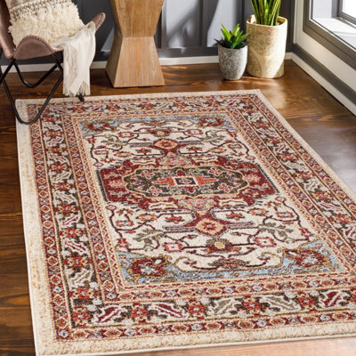 Floral Cream Easy To Clean Traditional Persian Bordered Rug For Dining Room Bedroom & Living Room-80Cm X 150Cm - image 1