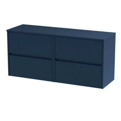 Nuie Havana Wall Hung 4-Drawer Vanity Unit & Worktop In Indigo Blue, Countertop Basin Unit In Midnight Blue, 1200mm