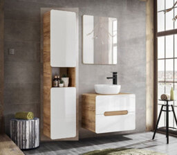 Impact Furniture Wall Hung Bathroom Cabinets Furniture Set Tall Unit 600mm Vanity Cabinet With Sink Countertop White Gloss Oak Effect Arub