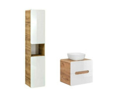 Impact Furniture Wall Hung Bathroom Cabinets Furniture Set Tall Unit 600mm Vanity Cabinet With Sink Countertop White Gloss Oak Effect Arub - thumbnail 9