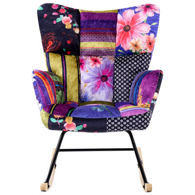 Wyld And Coco Luxe Velvet Rocking Chair Multicolour Patchwork Tufted Biscuit-Style Wood Legs - image 1