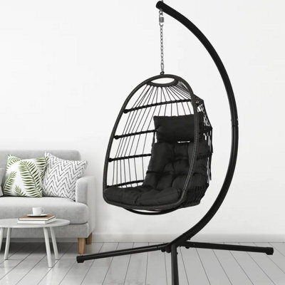 Rattan Hanging Egg Chair, Patio Swing Egg Chair With Stand, Soft Cushion Garden Hammock Chair - Gray - image 1