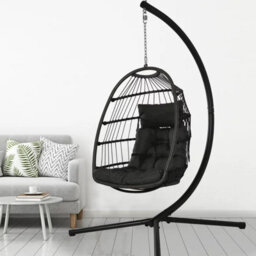 Rattan Hanging Egg Chair, Patio Swing Egg Chair With Stand, Soft Cushion Garden Hammock Chair - Gray - thumbnail 1
