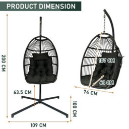 Rattan Hanging Egg Chair, Patio Swing Egg Chair With Stand, Soft Cushion Garden Hammock Chair - Gray - thumbnail 7
