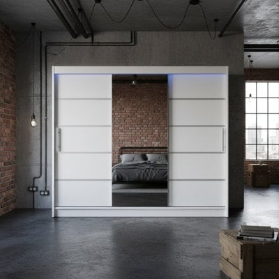 Aston Vi White Sliding Door Wardrobe Modern Design With Mirror Shelves And Hanging Rails With Led Lighting - image 1