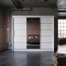 Aston Vi White Sliding Door Wardrobe Modern Design With Mirror Shelves And Hanging Rails With Led Lighting - thumbnail 1