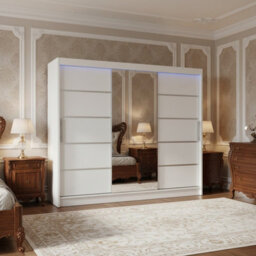Aston Vi White Sliding Door Wardrobe Modern Design With Mirror Shelves And Hanging Rails With Led Lighting - thumbnail 3