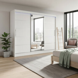 Aston Vi White Sliding Door Wardrobe Modern Design With Mirror Shelves And Hanging Rails With Led Lighting - thumbnail 2