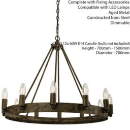 12 Light Ceiling Pendant Distressed Aged Metal Candle Ring Hanging Feature Lamp - thumbnail 2