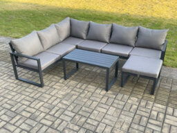Fimous Aluminium Garden Furniture Set Outdoor Indoor Lounge Corner Sofa Oblong Coffee Table Sets With Big Footstool Dark Grey - thumbnail 1