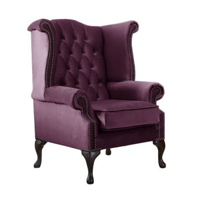 Chesterfield High Back Wing Chair Malta Boysenberry Purple Velvet Fabric In Queen Anne Style - image 1