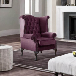 Chesterfield High Back Wing Chair Malta Boysenberry Purple Velvet Fabric In Queen Anne Style - thumbnail 3