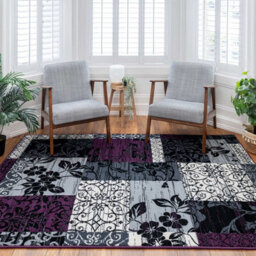 Loomed Purple Black Grey Floral Patchwork Living Room Rug 190X280Cm - thumbnail 1