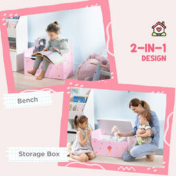 Zonekiz 2 In 1 Wooden Kids Storage Bench, Toy Box W/ Safety Rod - Pink - thumbnail 4