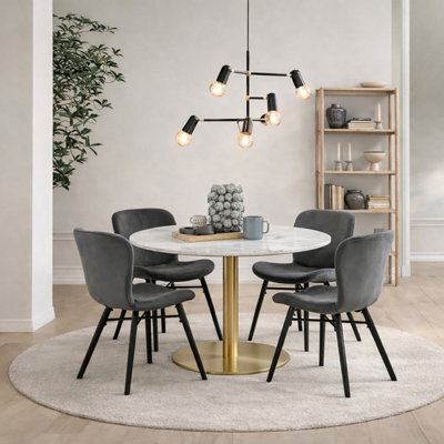 Furniture To Go Corby Round Dining Table With White Polished Marble Top & Gold Base Inc 4 Batilda Dining Chairs In Dark Grey - image 1