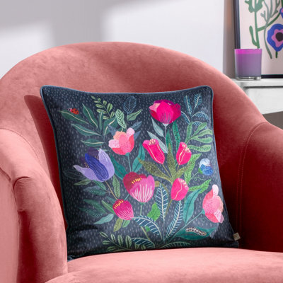 Wylder Wild Garden Mushroom Repeat Velvet Piped Feather Filled Cushion - image 1