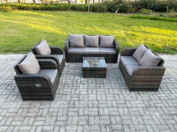 Fimous 7 Seater Garden Furniture Set Rattan Outdoor Lounge Sofa Chair With Tempered Glass Table Dark Grey Mixed - thumbnail 2