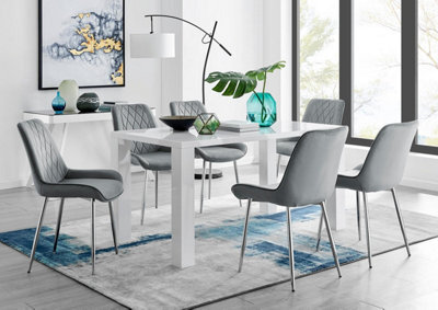 Furniturebox Uk Pivero 6 White Dining Table And 6 Grey Pesaro Silver Leg Chairs - image 1
