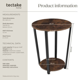 Tectake Bedside Table Swindon - Industrial Style, Round With Large And Small Shelf, 50 X 62.5 Cm - Industrial Wood Dark, Rustic - thumbnail 6