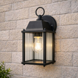 CGC Interiors Cgc Santiago Mini Black Coach Lantern Wall Light With Ribbed Glass - thumbnail 6