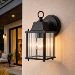 CGC Interiors Cgc Santiago Mini Black Coach Lantern Wall Light With Ribbed Glass - thumbnail 1