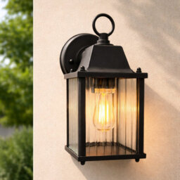 CGC Interiors Cgc Santiago Mini Black Coach Lantern Wall Light With Ribbed Glass - thumbnail 4