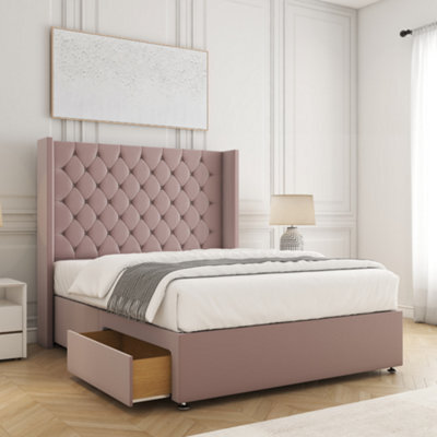 Bsspoke Winchester Divan Bed Set Pink Plush Velvet With 54Inch Headboard & 2 Drawers Footend & Mattress In All Sizes - image 1