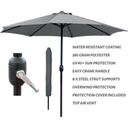 Glamhaus Garden Parasol Table Umbrella 2.7M Crank Handle, Uv40 Protection, Includes Protection Cover, Robust Steel - Dark Grey - thumbnail 2