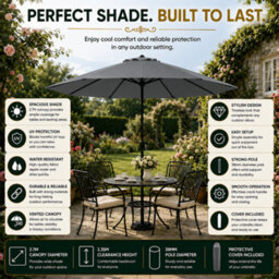 Glamhaus Garden Parasol Table Umbrella 2.7M Crank Handle, Uv40 Protection, Includes Protection Cover, Robust Steel - Dark Grey - thumbnail 8