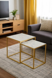 Aspect Furniture Marche Marble Nest Of 2 Tables In White With Gold Metal Bases