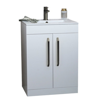 Plum&clay Denver Gloss White Freestanding Vanity Unit & Basin Set With Gun Grey Handles (W)615mm (H)850mm - image 1
